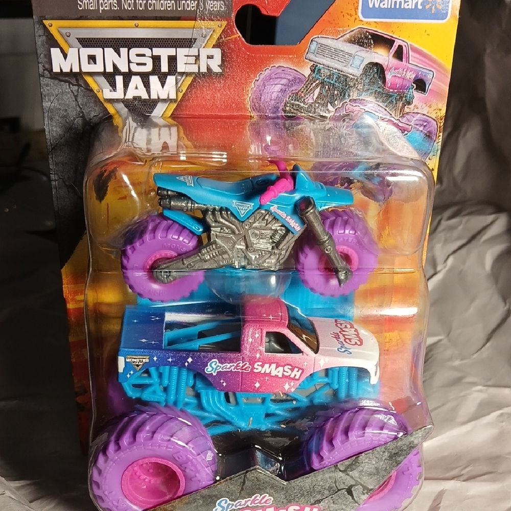 Monster Jam Sparkle Smash with motorcycle Monster Truck - Blue and Pink